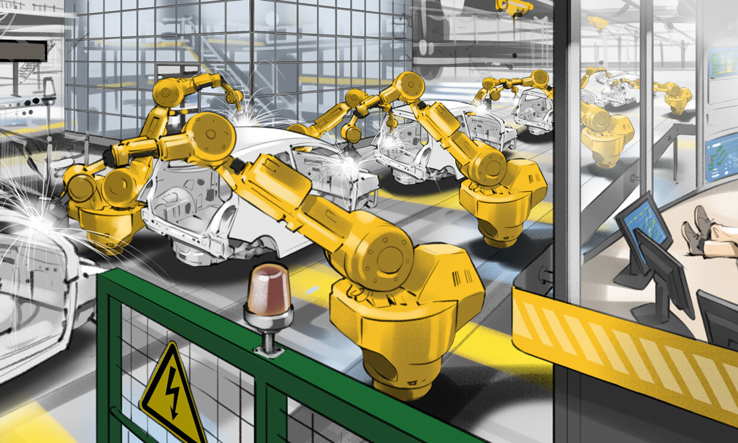Robots welding empty car shells on car production line